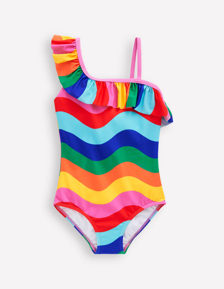 Lila Badeanzug mit einem Träger-Bunt, Regenbogen-Welle