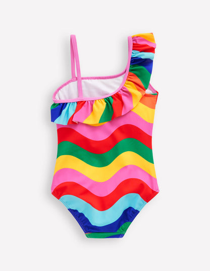 Lila Badeanzug mit einem Träger-Bunt, Regenbogen-Welle