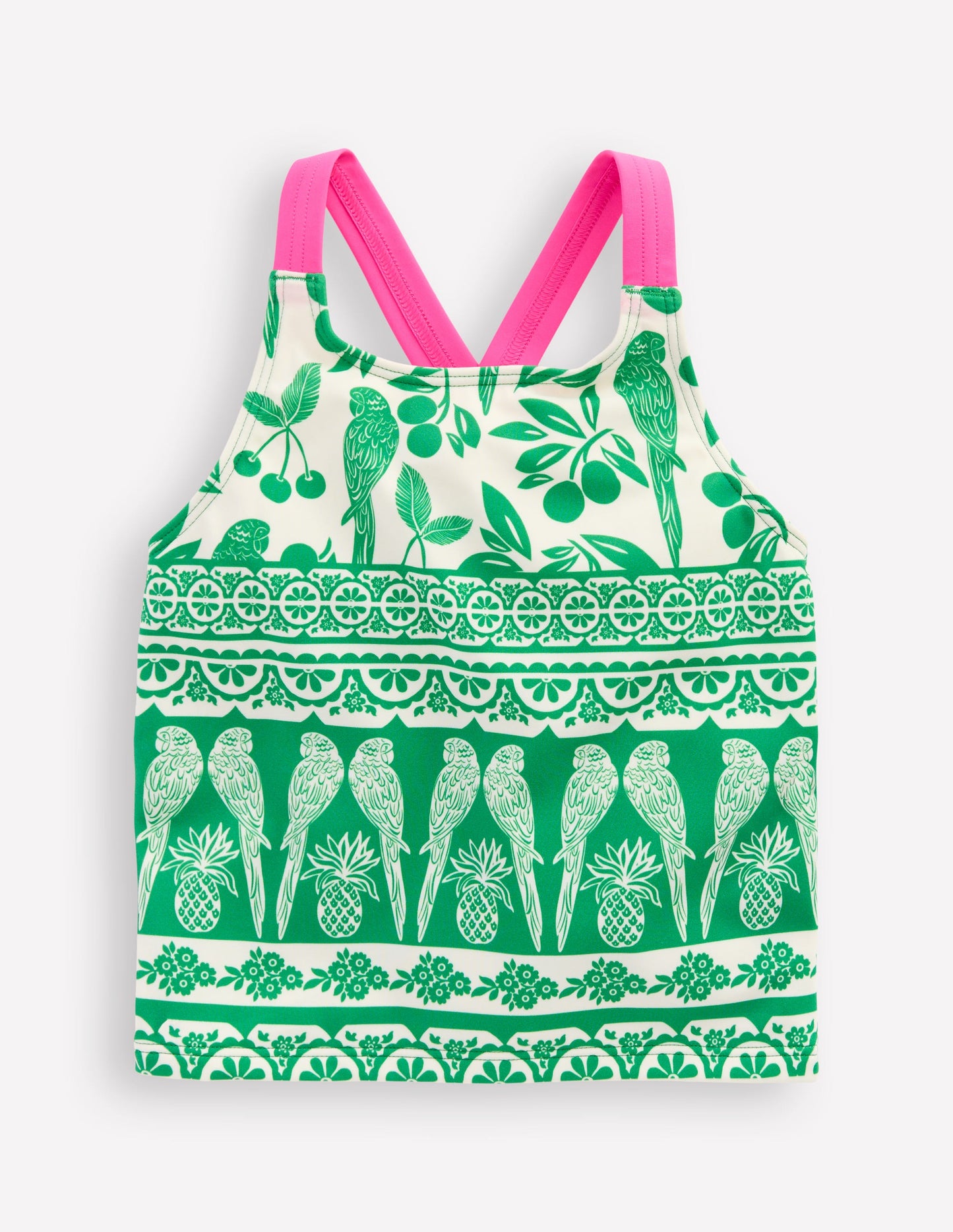 Tankini-Oberteil mit gekreuzten Rückenträgern-Smaragdgrün Papagei Palme