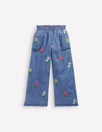 Nostalgische Rüschenhose-Chambray Kreuzstich Blumen
