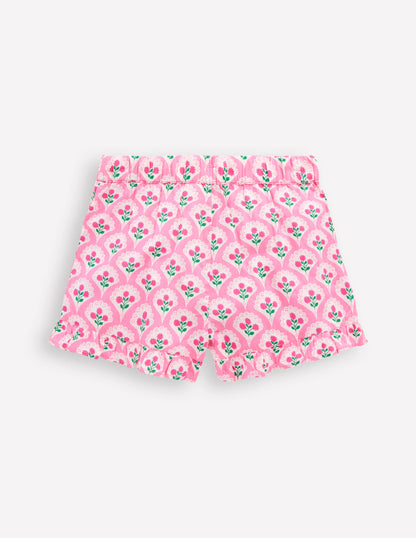 Juniper Gewebte Shorts mit Rüschen-Rosa Rose Holzblock Blumenmuster