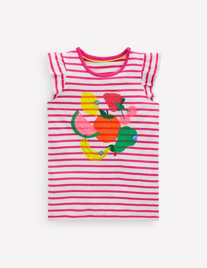 Top à manches courtes volantées et logo-Fruits framboise/ivoire doux