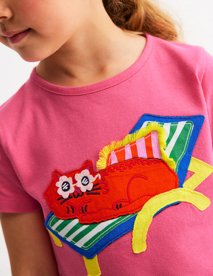 T-Shirt mit Applikation-Rosenblattrosa Katze