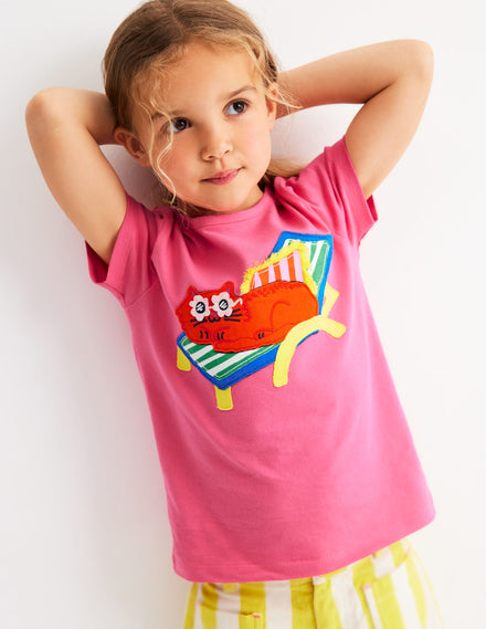 T-Shirt mit Applikation-Rosenblattrosa Katze