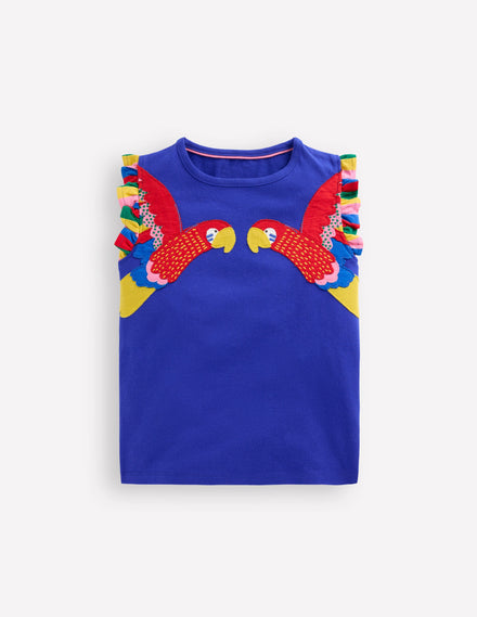 T-Shirt mit Flatterärmeln-Leuchtendes Blau Papagei