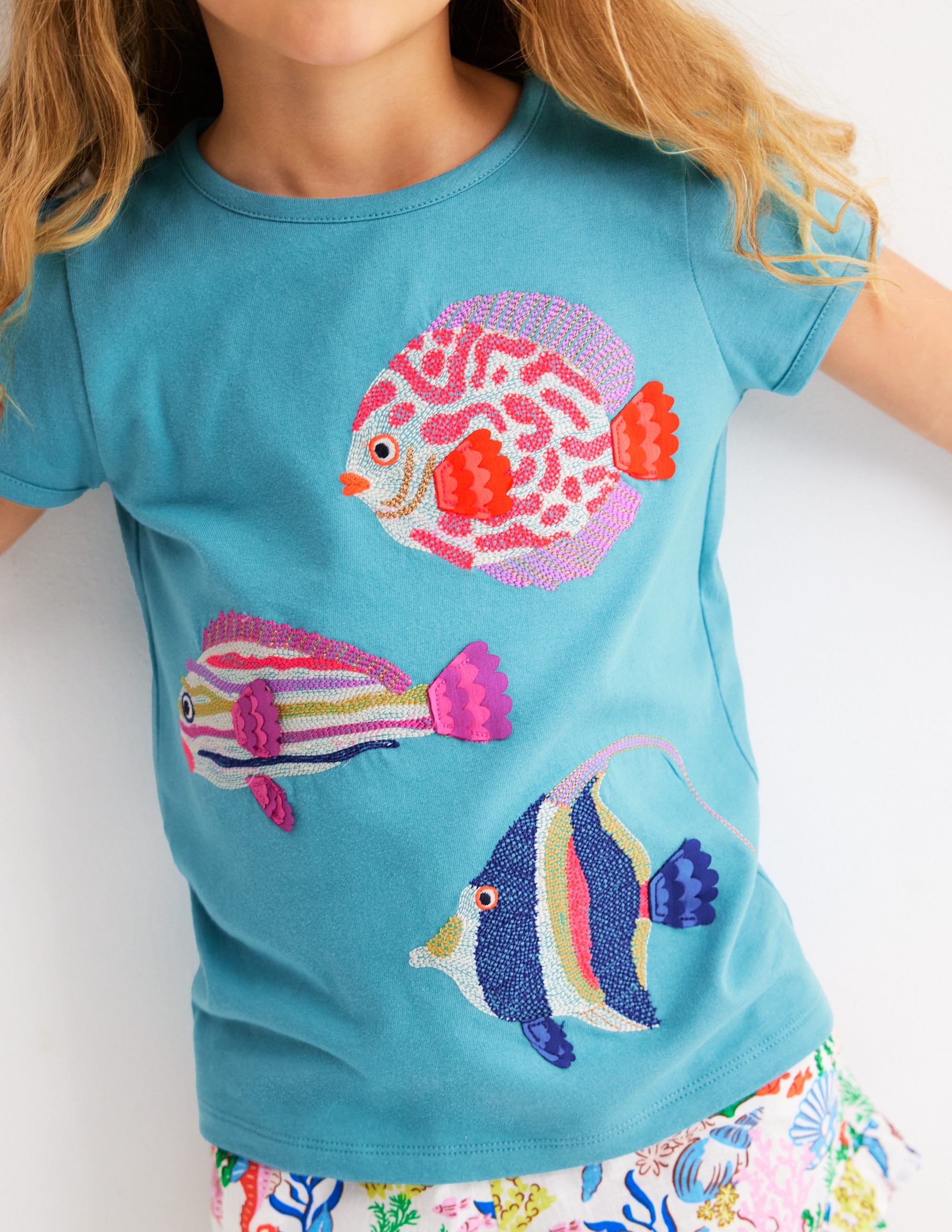 Top à manches bouffantes et super surpiqûres-Poisson bleu mer - Image 2