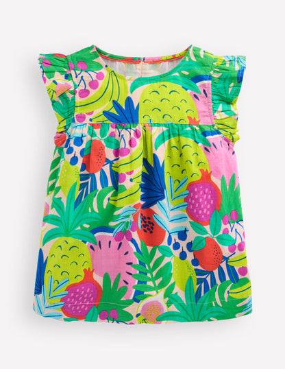Frill Sleeve Woven Top-Multi Tropical Fruit