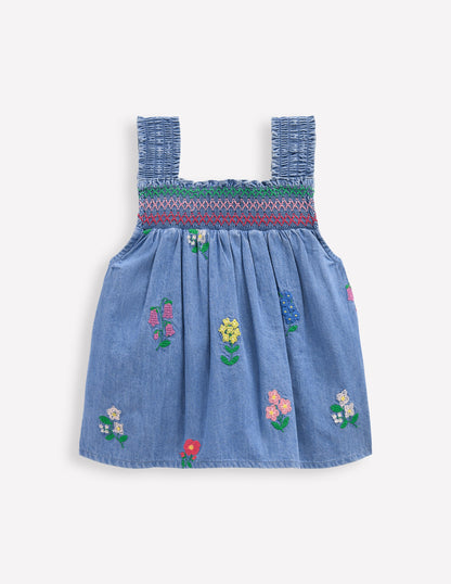 Gesmoktes Web-Oberteil-Chambray Kreuzstich Blumen