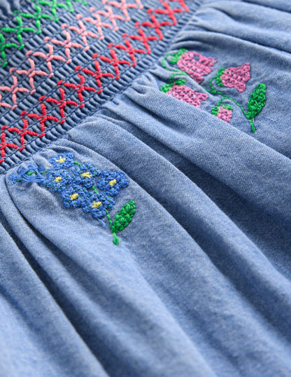 Gesmoktes Web-Oberteil-Chambray Kreuzstich Blumen