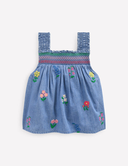 Gesmoktes Web-Oberteil-Chambray Kreuzstich Blumen-1
