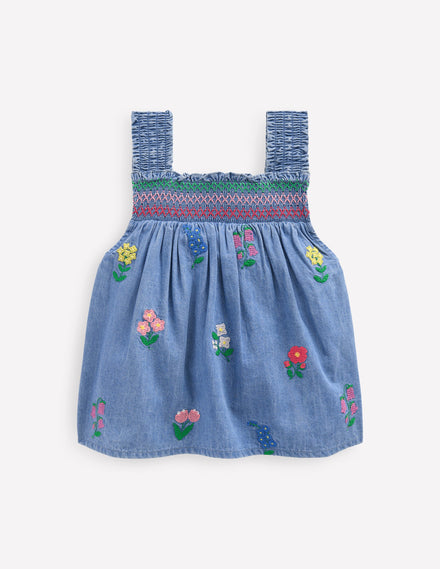 Top tissé à smocks-Fleurs et point de croix chambray