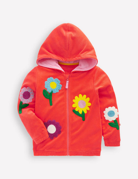 Frottee-Kapuzenjacke-Korallenorange Blumen