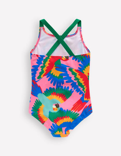 Cross-back Printed Swimsuit-Multi Rainbow Parrot