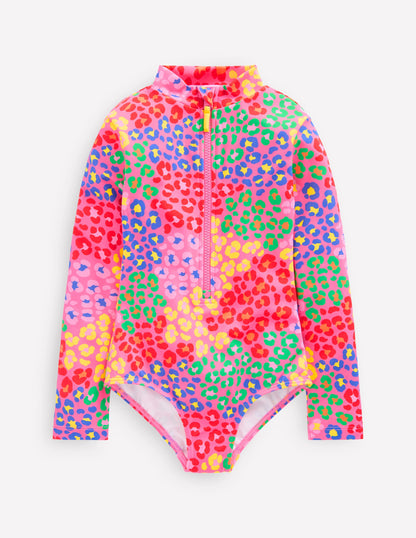 LBadeanzug mit langen Ärmeln-Rosa Regenbogen Leopard