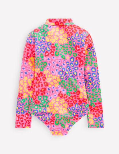 LBadeanzug mit langen Ärmeln-Rosa Regenbogen Leopard