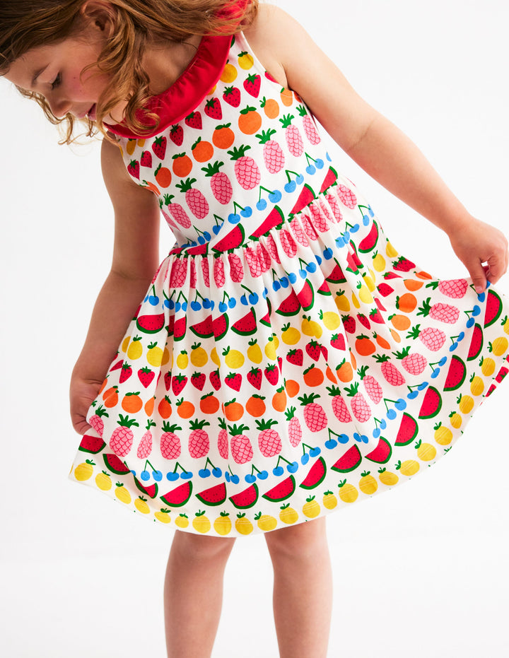 Ruffle Neck Jersey Dress-Ivory Fruit Stripe