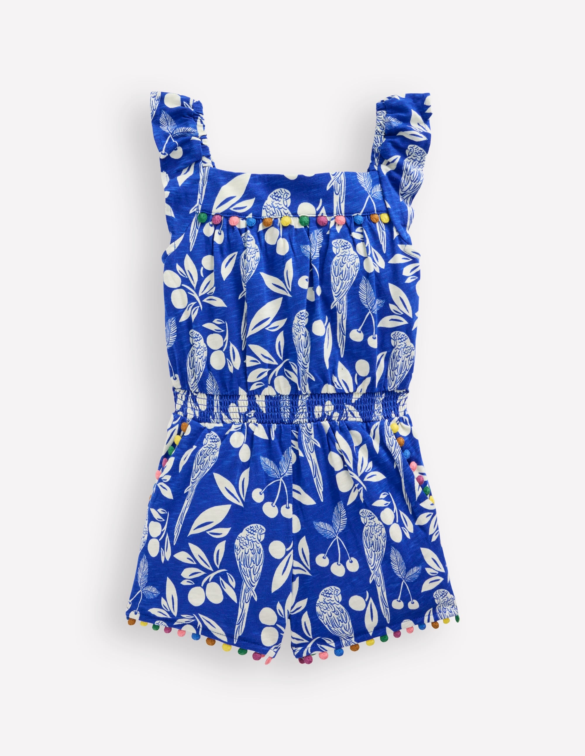 Ciara Pom Trim Jersey Playsuit-Bright Blue Parrot Palm - Image 5