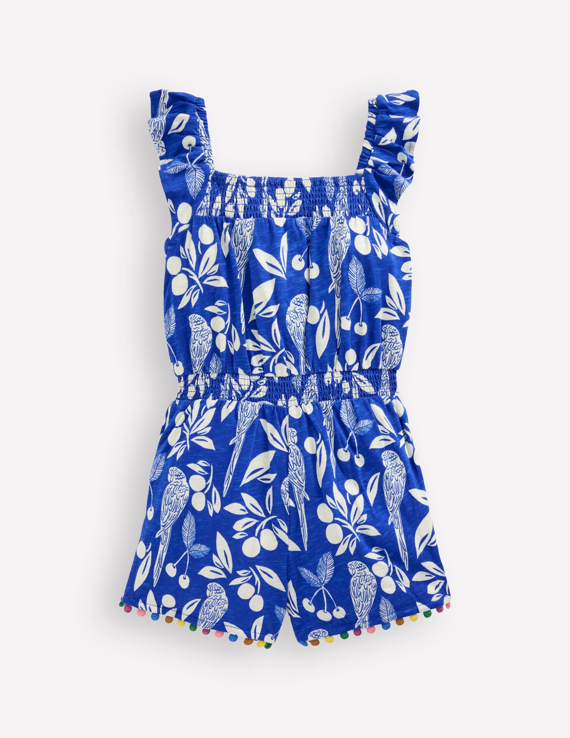 Ciara Pom Trim Jersey Playsuit-Bright Blue Parrot Palm - Image 6