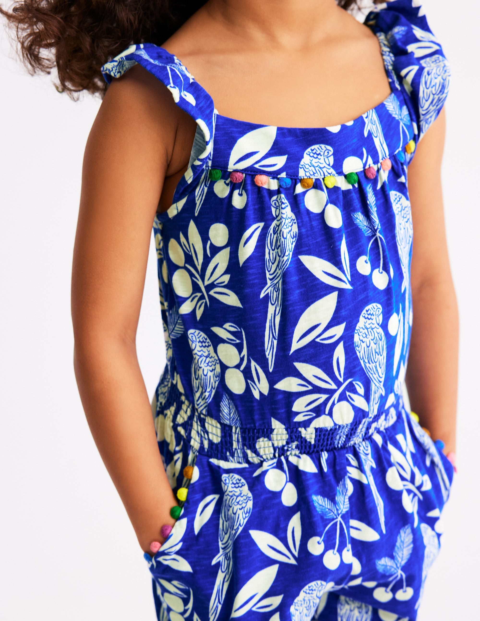 Ciara Pom Trim Jersey Playsuit-Bright Blue Parrot Palm - Image 1