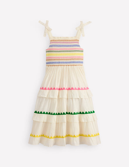 Odette Gewebtes Sommerkleid mit Stufendesign-Sanftes Naturweiß