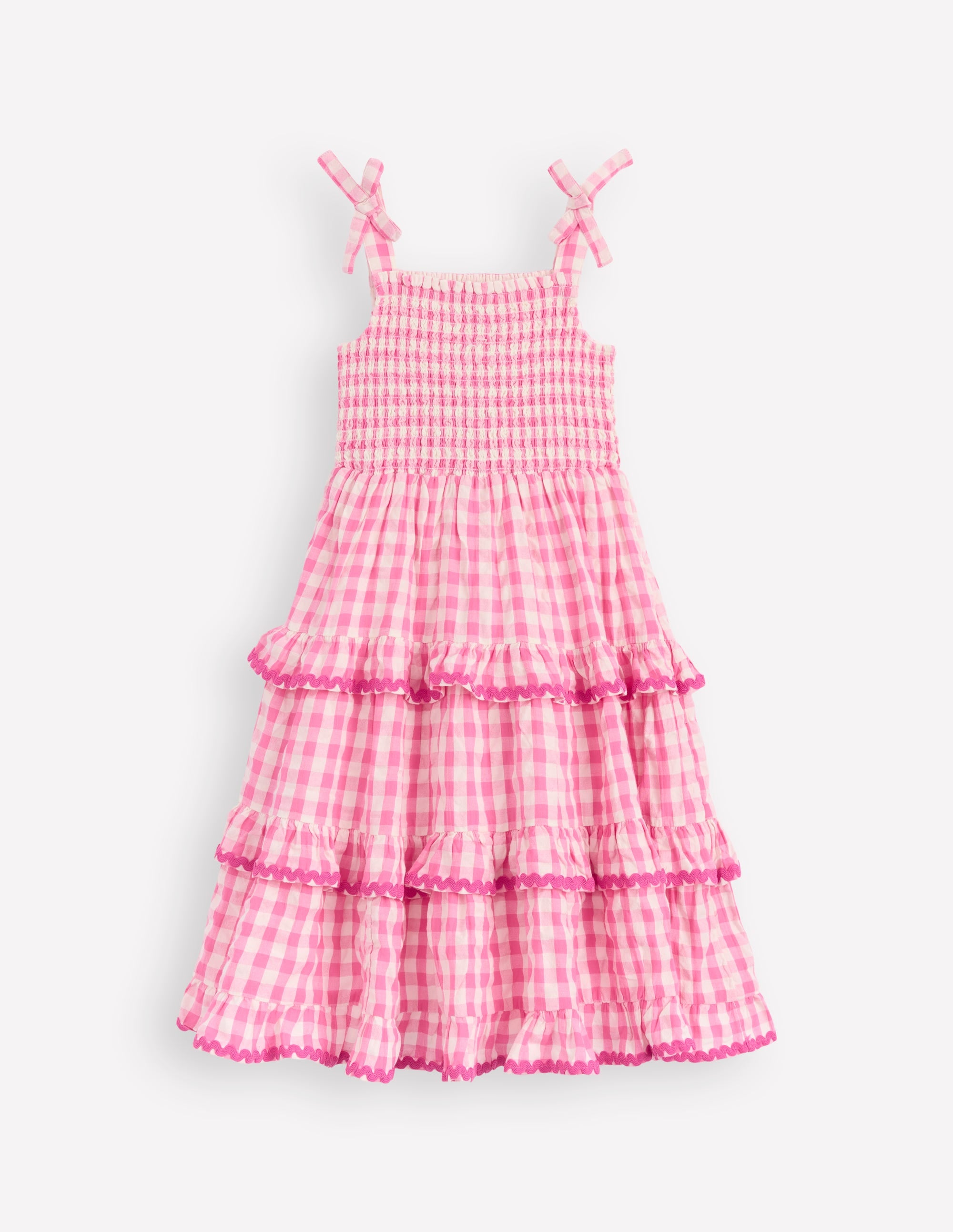 Odette Gewebtes Sommerkleid mit Stufendesign-Rosa Vichykaro Gänseblümchen - Image 1