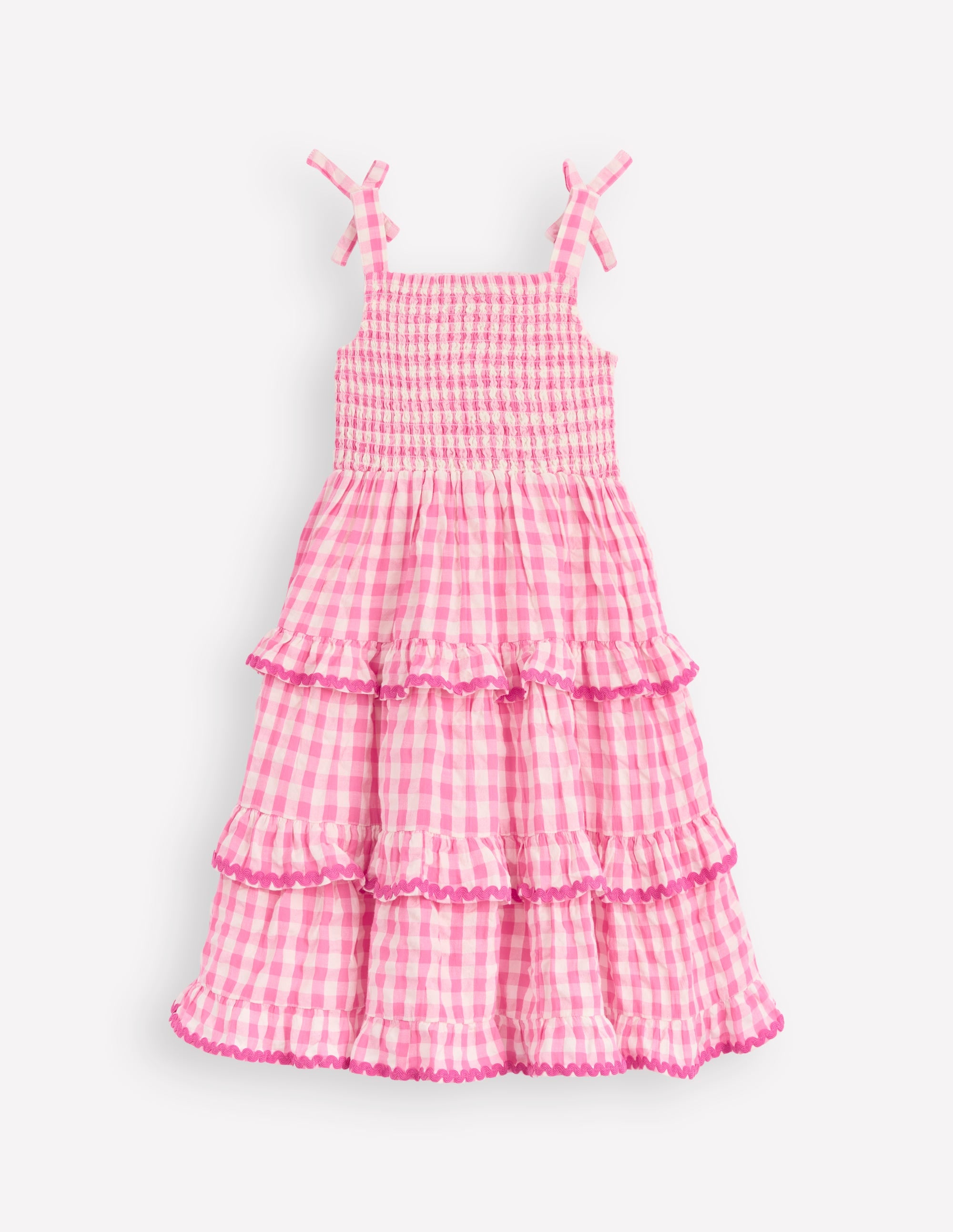 Odette Gewebtes Sommerkleid mit Stufendesign-Rosa Vichykaro Gänseblümchen - Image 2