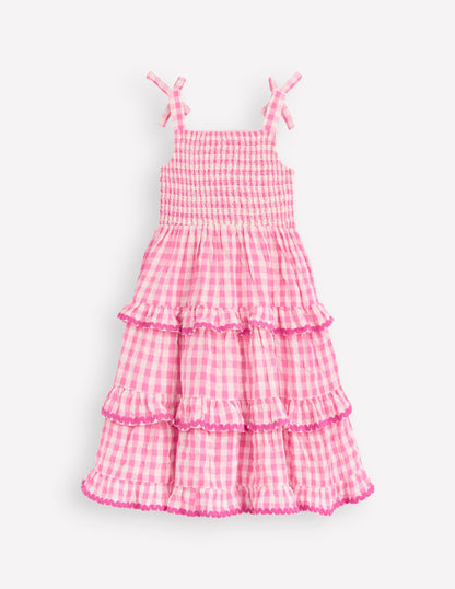 Odette Gewebtes Sommerkleid mit Stufendesign-Rosa Vichykaro Gänseblümchen