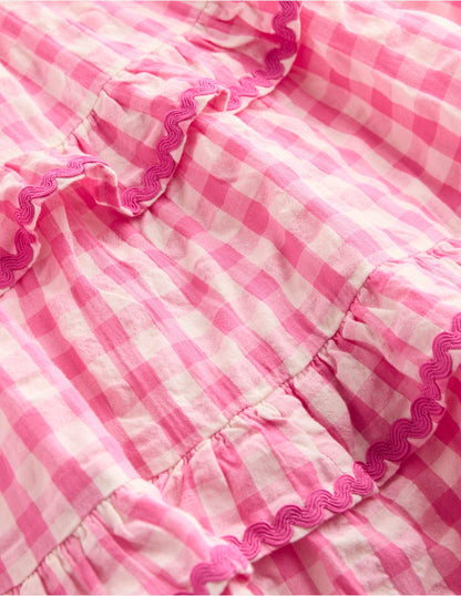 Odette Gewebtes Sommerkleid mit Stufendesign-Rosa Vichykaro Gänseblümchen