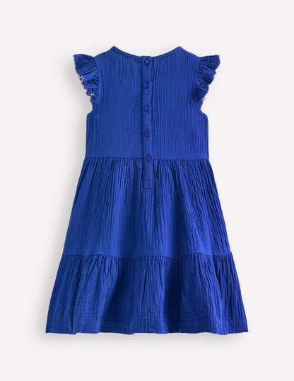 Gestuftes Kleid aus Doppeltuch-Leuchtendes Blau Stickerei