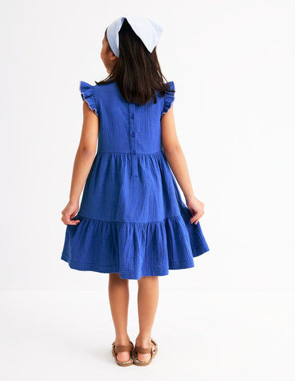 Gestuftes Kleid aus Doppeltuch-Leuchtendes Blau Stickerei