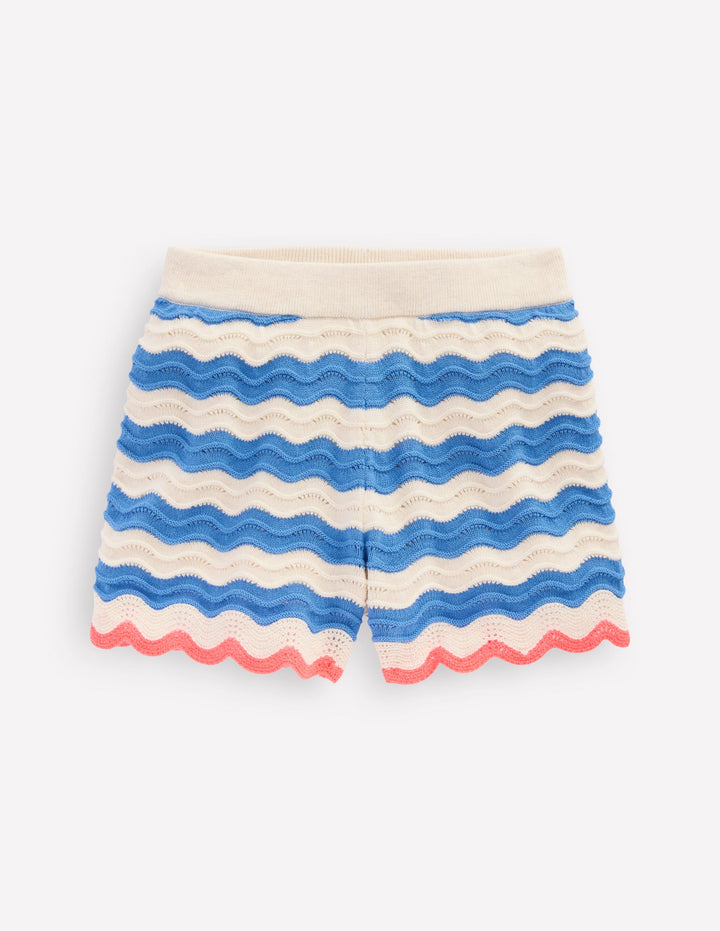 Short en maille crochet-Rayé bleu/ivoire