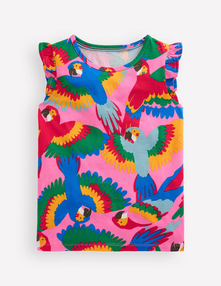 Gemustertes T-Shirt mit Rüschenärmeln-Bunt Regenbogen Papagei