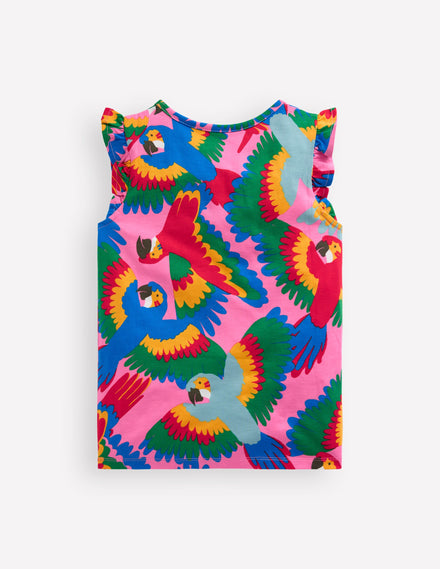 Gemustertes T-Shirt mit Rüschenärmeln-Bunt Regenbogen Papagei