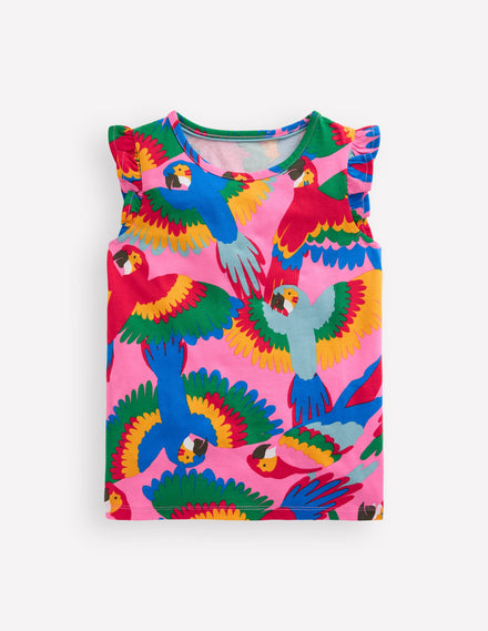 Gemustertes T-Shirt mit Rüschenärmeln-Bunt Regenbogen Papagei