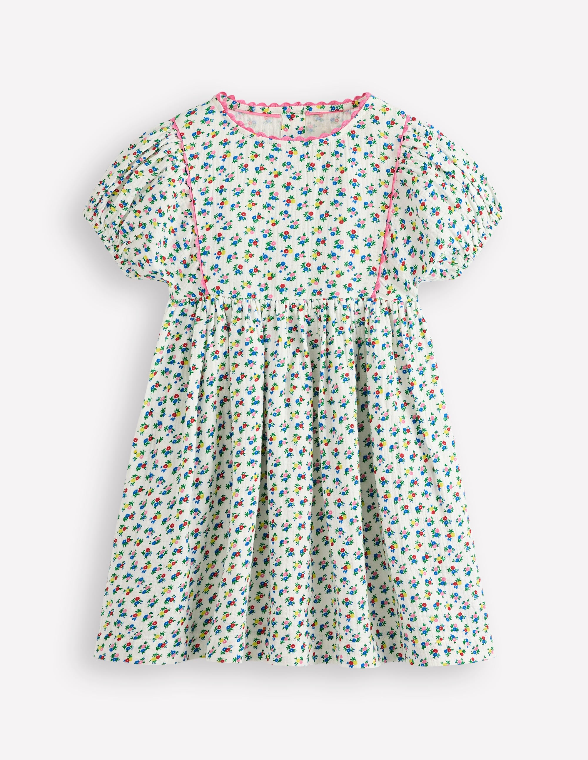 Robe double-étoffe à manches bouffantes-Motif petites fleurs ivoire doux - Image 1