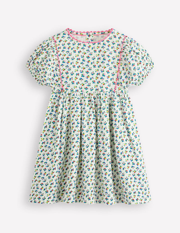 Doppeltuch-Kleid mit Puffärmeln-Naturweiß Kleines Blumenmuster