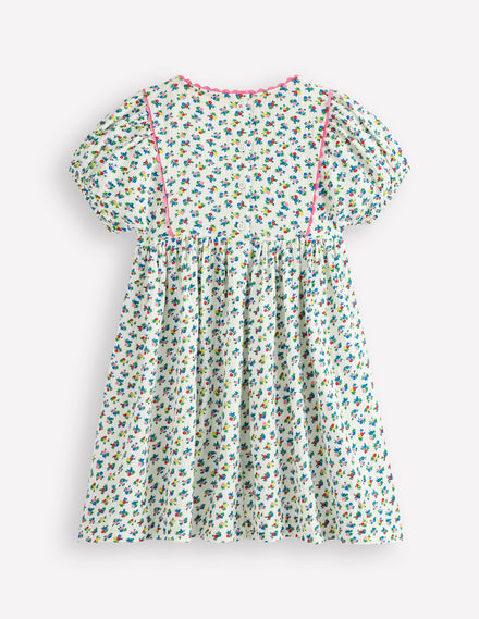 Doppeltuch-Kleid mit Puffärmeln-Naturweiß Kleines Blumenmuster