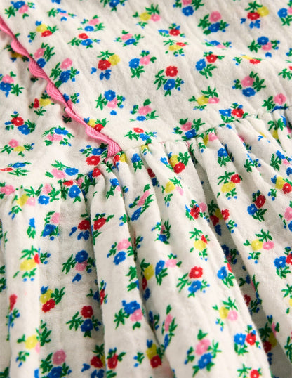 Doppeltuch-Kleid mit Puffärmeln-Naturweiß Kleines Blumenmuster