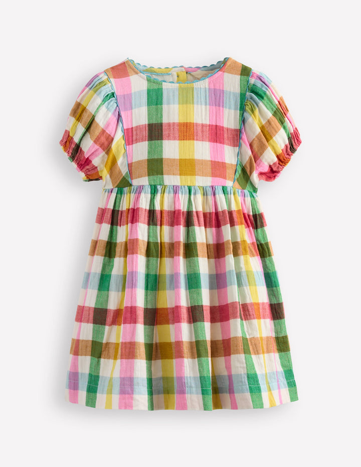 Puff Sleeve Double Cloth Dress-Multi Check