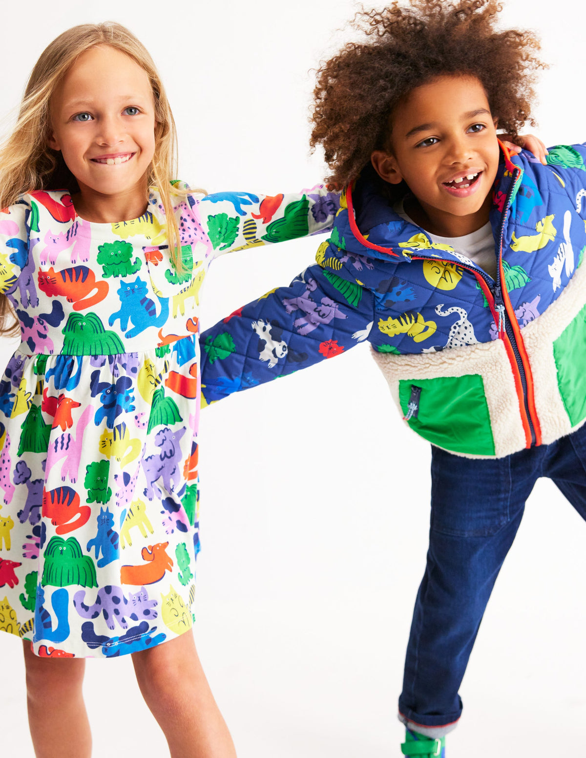 Originelles langärmeliges Jerseykleid-Bunt Haferbeige Regenbogen Tiere - Image 4
