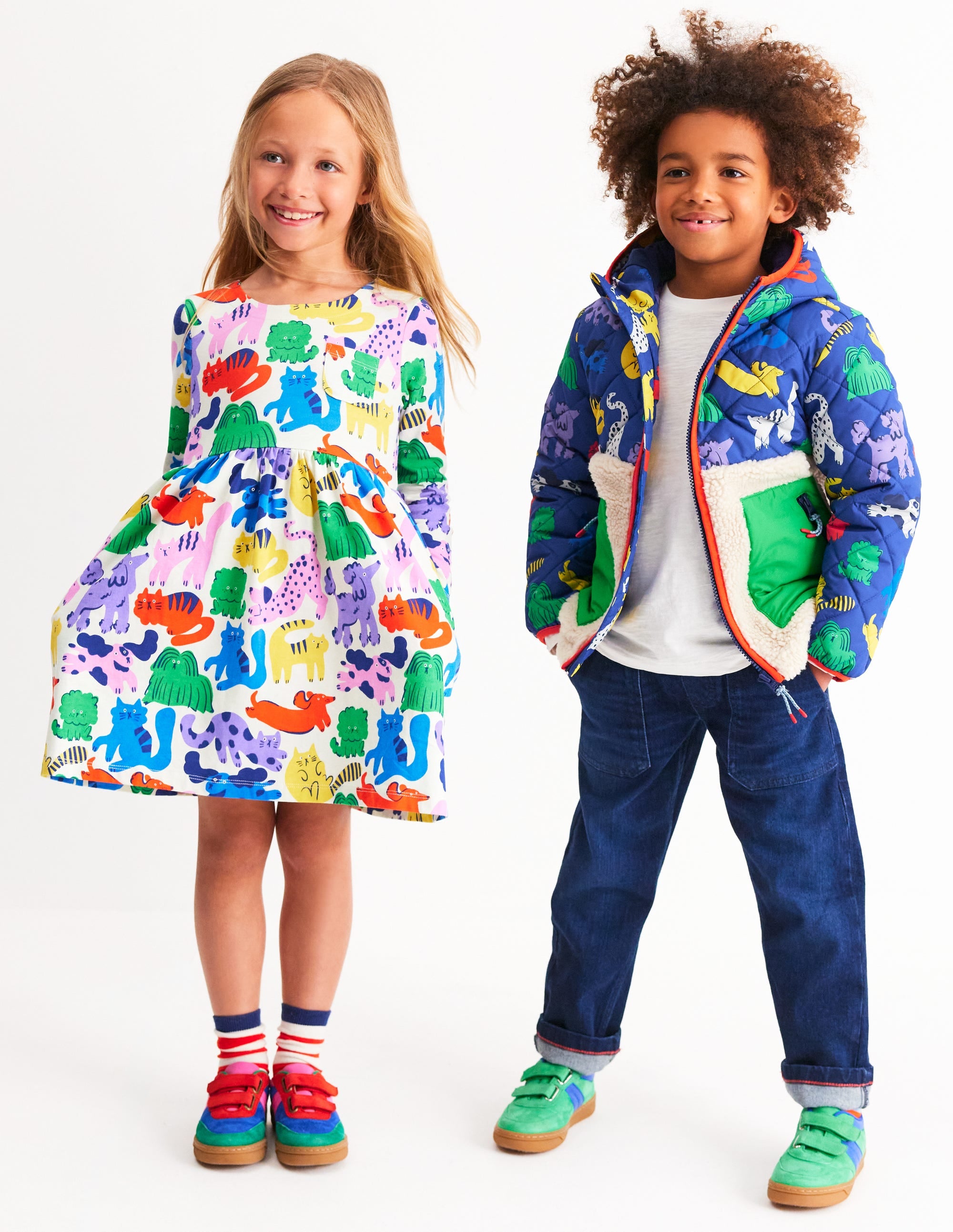 Originelles langärmeliges Jerseykleid-Bunt Haferbeige Regenbogen Tiere - Image 5