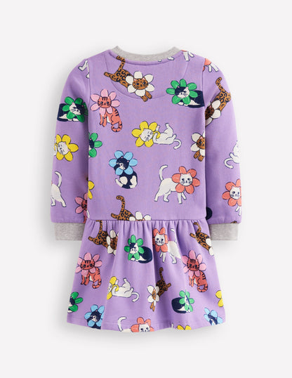 Kuscheliges, bedrucktes Sweatshirt-Kleid-Aster Lila Blumen Katze