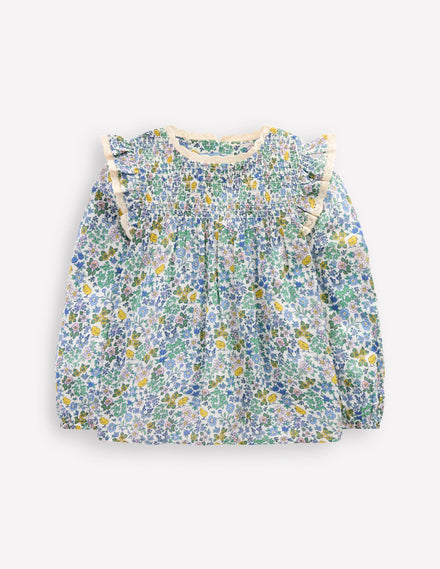 Blouse volantée à smocks-Poussin floral blanc vanille