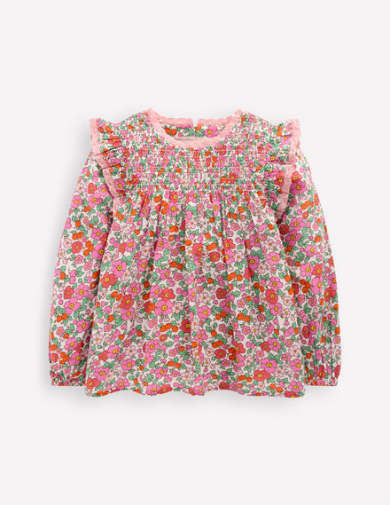 Smocked Ruffle Blouse-Pink Apple Blossom Floral