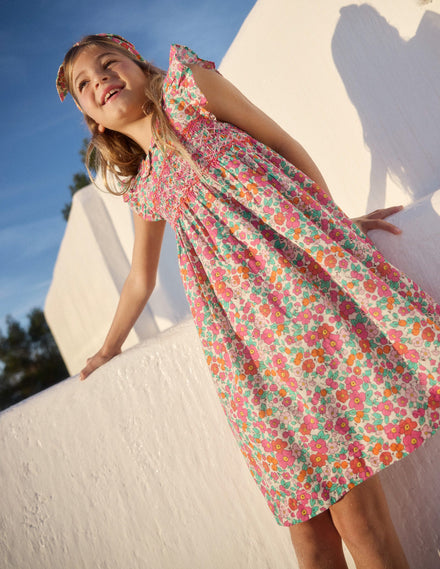 Robe Adeline à smocks-Fleur de pommier rose