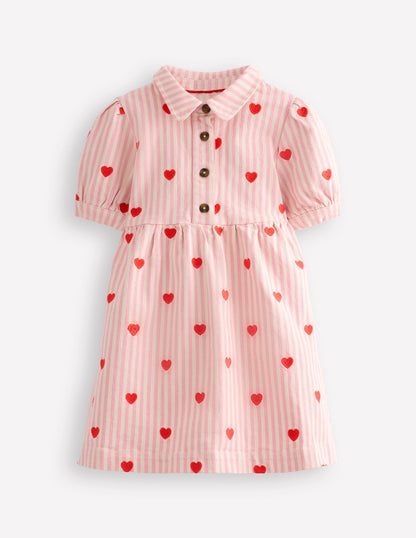 Robe-chemise Lena en jean-Cœurs vanille/rose chewing-gum