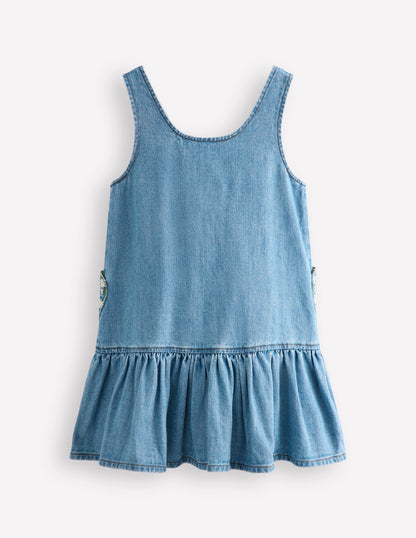 Robe chasuble avec poche cœur-Pâquerettes denim vintage moyen