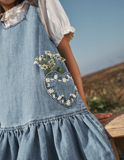 Robe chasuble avec poche cœur-Pâquerettes denim vintage moyen