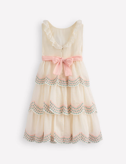 Robe à volants en organza-Ivoire et Bleu Marine à Pois