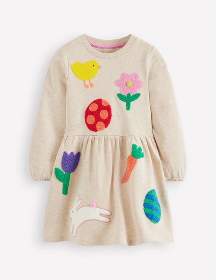 Robe-sweat en bouclé à appliqué-Écussons de Pâques avoine chiné